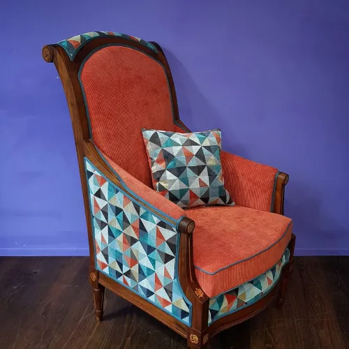 Bergère Louis XV, restauriert und neu gepolster mit Manchester und Epinglé von Lelièvre