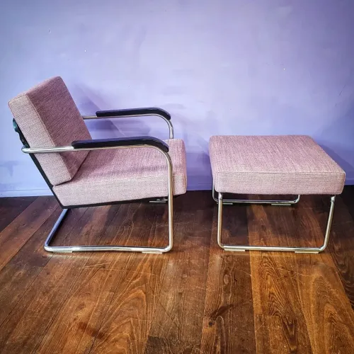  Sessel mit Hocker von Werner Max Moser für Embru, 30er Jahre, Wollstoff Svensson